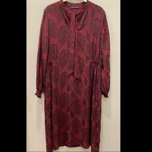 Marks and Spencer | Plum Colored Printed Dress with Tie Neck
